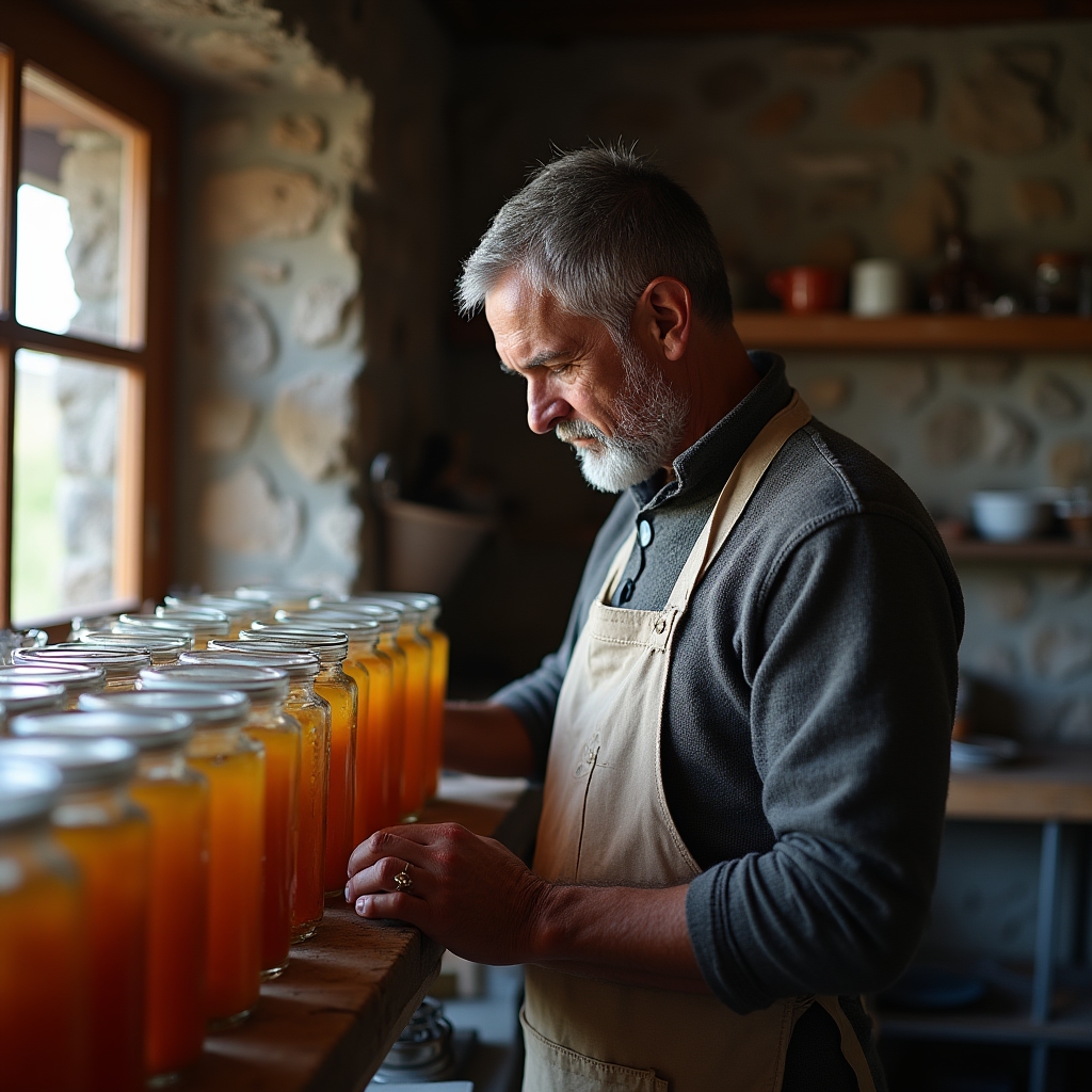 Productor artesanal revisando frascos de conservas en un taller de campo en la Patagonia argentina
